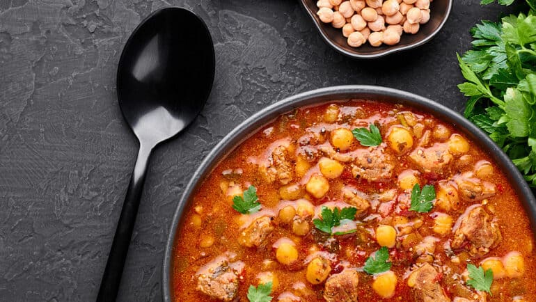 Harira Moroccan stew with turkey, beef, chickpeas, lentils, and spices