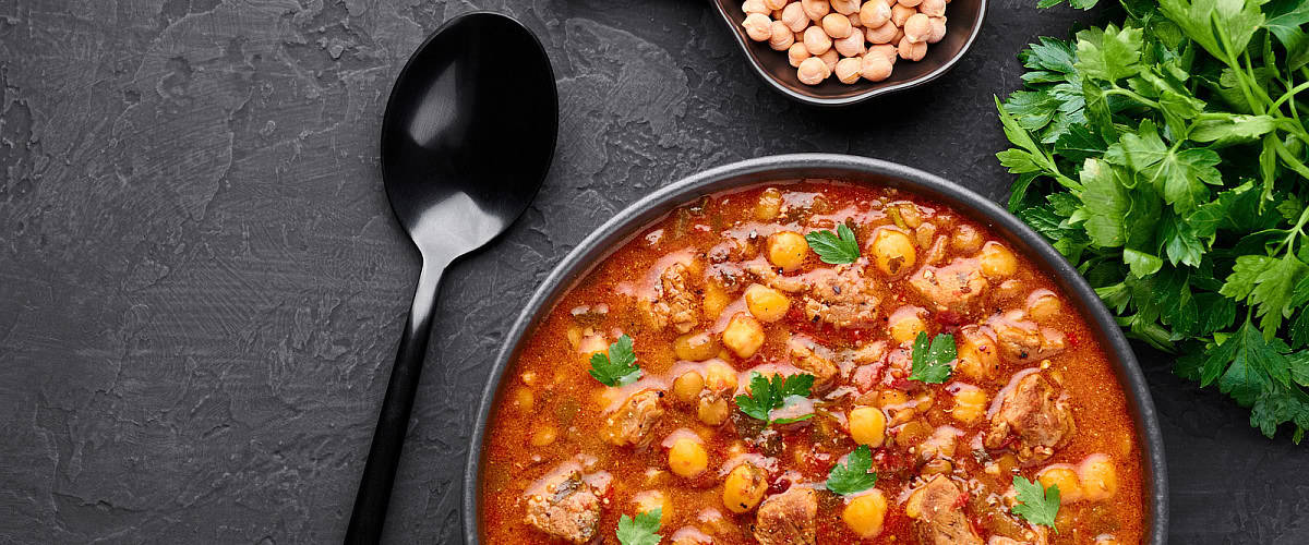 Harira Moroccan stew with turkey, beef, chickpeas, lentils, and spices